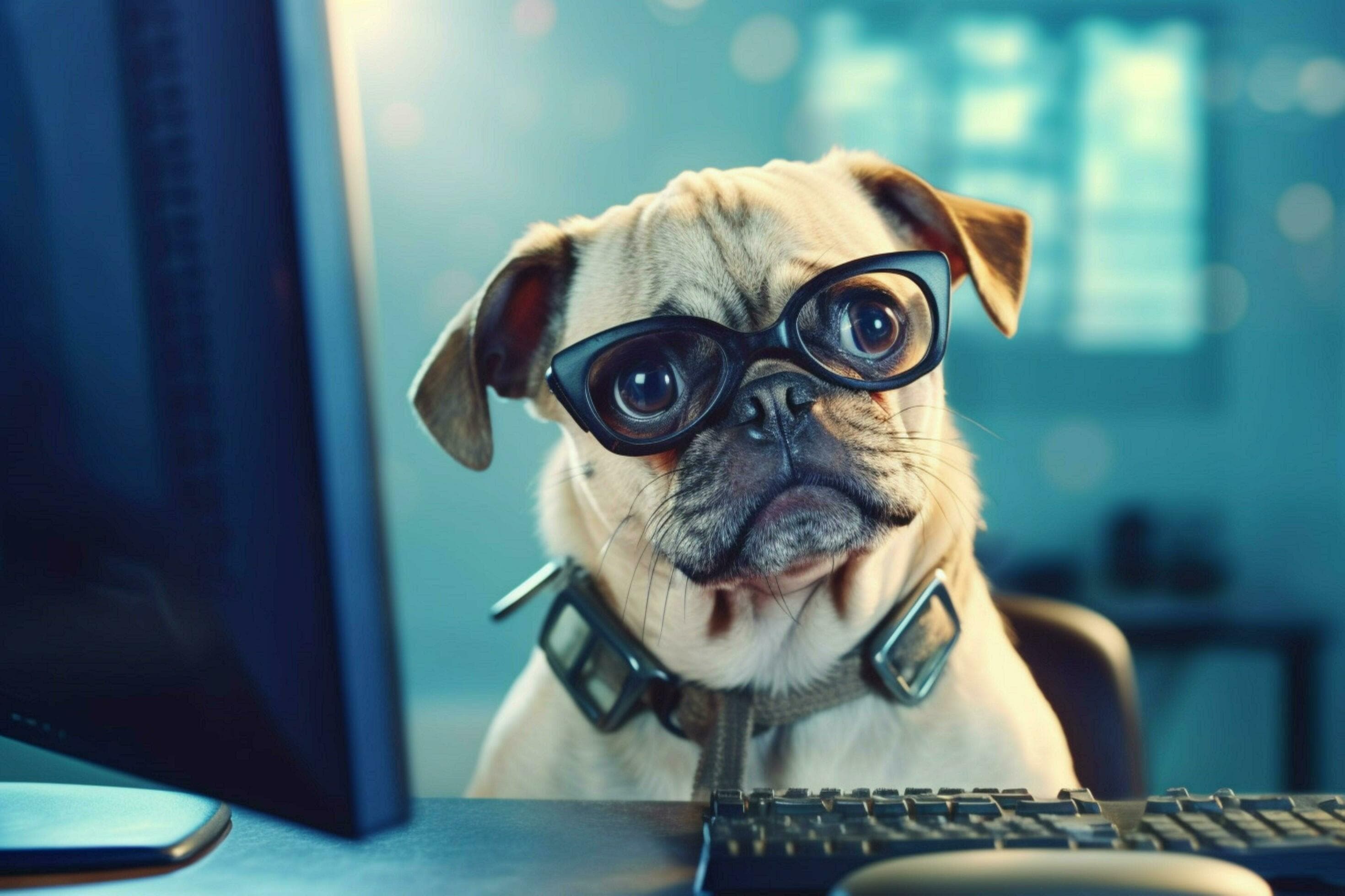 A pug wearing glasses sitting at a computer keyboard